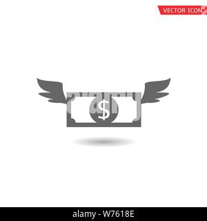 Flying dollar icon. Dollar banknote with wings symbol, Vector Stock Vector