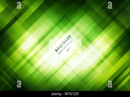 Abstract striped green grid pattern with lighting on dark background. Geometric squares overlapping design technology style. You can use for cover des Stock Vector