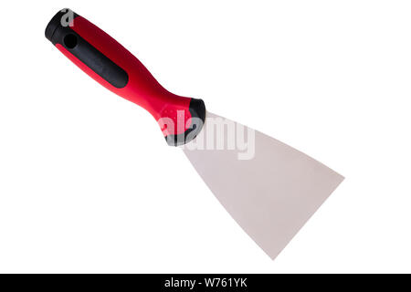 Steel trowel scraper with rubber handle isolated on white background. Construction putty knife, isolated on white background Stock Photo