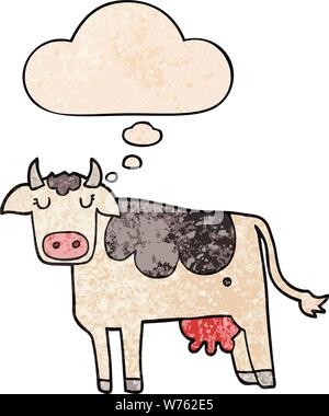 cartoon cow with thought bubble in grunge texture style Stock Vector