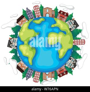 Earth with houses and trees illustration Stock Vector