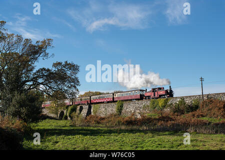 A Double Fairlie is seen shortly after departing Miniford on the Ffestiniog railway Stock Photo