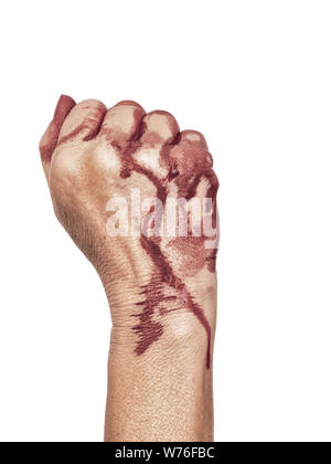 Bloody hand, clenched in a fist, isolated on white. Female. Stock Photo