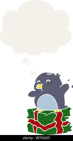 cartoon penguin on present with thought bubble in retro style Stock Vector