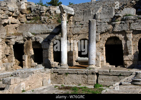 Greece. Ancient Corinth (polis). Fountain of Peirene or the Upper Pirene spring, located on Acrocorinth (Acropolis). The Greeks and Romans considered it a sacred location where the great Pegasus was tamed by a local hero. Remains of the Roman facade, 3rd century (Herodes Atticus's times) Peloponnese region. Stock Photo