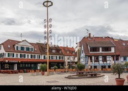 Sindelfingen, Baden Wurttemberg/Germany - May 11, 2019: Central District Square, Wettbachplatz with traditional Half-timbered house facades. Stock Photo