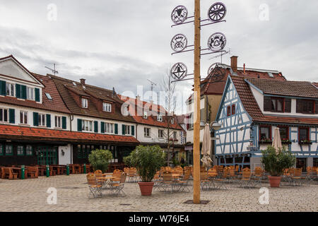 Sindelfingen, Baden Wurttemberg/Germany - May 11, 2019: Street Scenario of Central District Square, Wettbachplatz with traditional Half-timbered house Stock Photo