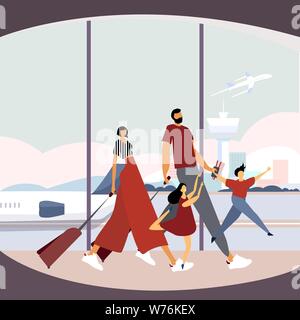 Family in airport terminal flat illustration. Cartoon characters with ...