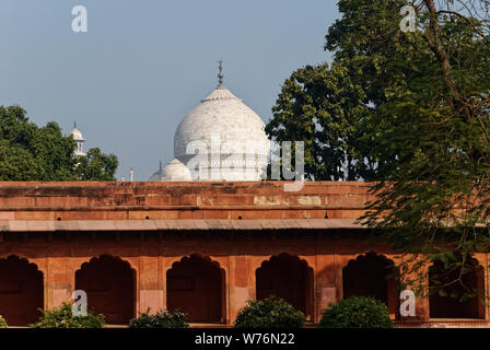 The Taj Mahal can be seen over the top of the red sandstone wall that surrounds it Stock Photo