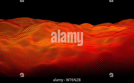 3d render image of orange geometric grid abstract waves on a black background. Stock Photo