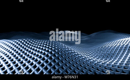 3d image render of geometric abstract grid waves on a black background. Stock Photo