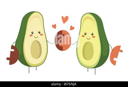 Isolated vector illustration of two cartoon avocado heroes in love holding avocado pit together. Valentine Day vector cartoon fruit character with Stock Vector
