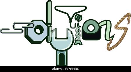 Solutions, the word written with objects related to it Stock Vector