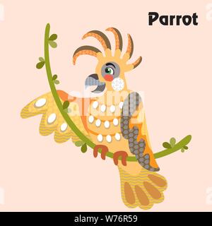 Colorful decorative outline funny colorful parrot sitting on a vine in profile. Wild animals and birds vector cartoon flat illustration in different c Stock Vector