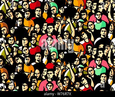 Doodles happy crowd people audience seamless pattern Stock Vector