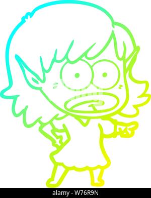 cold gradient line drawing of a cartoon shocked elf girl pointing Stock Vector