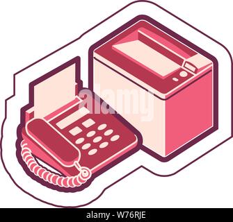 Iconic landline telephone, fax machine & printer system graphic with an outline Stock Vector