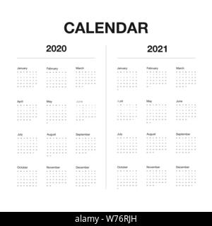 Minimalistic desk calendar 2020 and 2021 years. Design of calendar with english name of months and day of weeks. Vector illustration Stock Vector