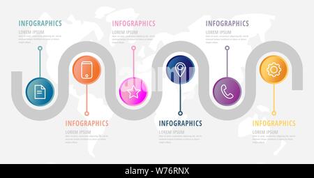 Vector infographic flat template circles for six paper label, diagram, graph, presentation. Business concept with 6 options. Blank space for content Stock Vector