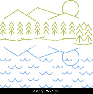 Mountains & trees reflected in a lake or ocean in a simple rough line drawing. Stock Vector