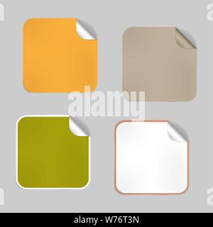 Set of square blank empty stickers with peeled off corner, mock-up. Aluminum foil lids, adhesive labels. Vector template Stock Vector