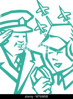 Military man & woman with jets flying by in the background. Stock Vector