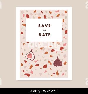 Modern wedding, save the date greeting card, invitation. Pastel terrazzo pattern with fig fruit. Trendy geometric, minimalist concept. Autumn, fall Stock Vector