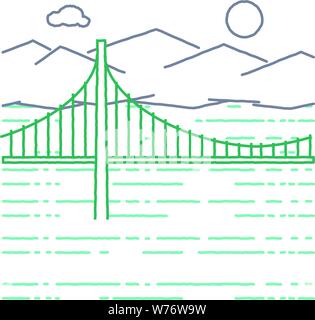 Rough line bridge over water in front of mountains. Stock Vector