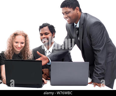 Interracial business team working at laptop isolated background on white Stock Photo