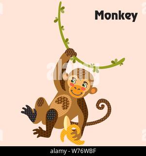Colorful decorative outline funny colorful monkey hanging on a vine with banana in hand. Wild animals and birds vector cartoon flat illustration in di Stock Vector