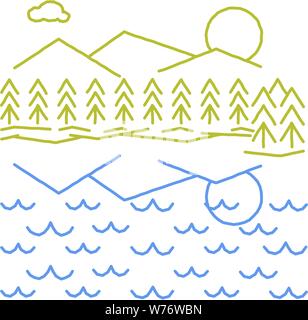Mountains & trees reflected in a lake or ocean in a simple rough line drawing. Stock Vector