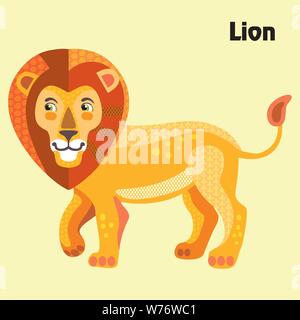 Colorful decorative outline funny colorful lion standing in profile. Wild animals and birds vector cartoon flat illustration in different colors isola Stock Vector