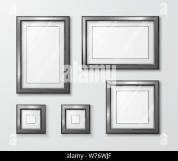 Photo Frames on gray wall. Modern empty frame template with transparent glass and shadow. Vector illustration Stock Vector