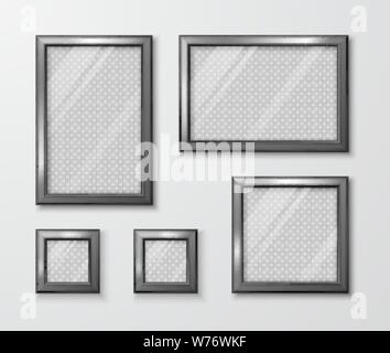 Collection of photo frames on the gray wall. Modern empty frame template with transparent glass and shadow. Vector illustration Stock Vector