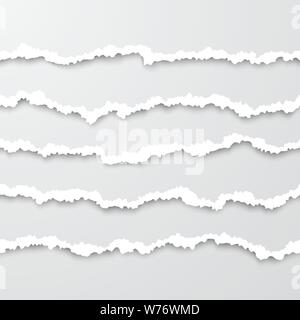 Set of horizontal seamless torn white paper wisps with soft shadow. Damaged cardboard borders. Vector illustration Stock Vector