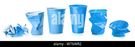 Blue crumpled plastic cups isolated on white background Stock Photo