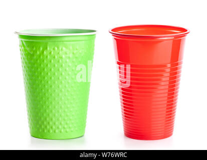 Green and red plastic cups isolated on white background Stock Photo