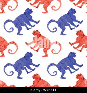 Red Blue Monkey Seamless Pattern. Wild Tropical Mammal Animal Ape Icon. Symbol of Zodiac. Gorilla Polygonal Silhouette. Stock Vector