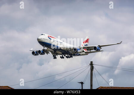 British Airways Boeing 747 Jumbo Jet on approach to land on August 2nd 2019 at London Heathrow Airport, Middlesex, UK Stock Photo