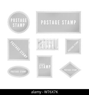 Gray postal stamp template collection with shadow. Retro blank postage stamp with perforated border. Vector illustration isolated on white background Stock Vector
