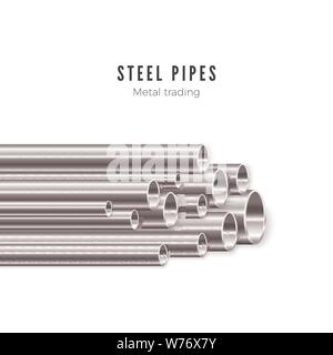 Metal pipes stack. Banner template of tube production. Vector illustration isolated on white background Stock Vector