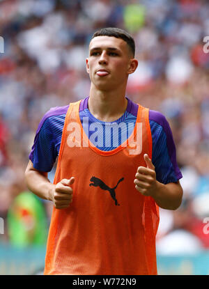 London, UK. 04th Aug, 2019. LONDON, ENGLAND. AUGUST 04: Manchester City's Phil Foden during The FA Community Shield between Liverpool and Manchester City at Wembley Stadium on August 04, 2019 in London, England. Credit: Action Foto Sport/Alamy Live News