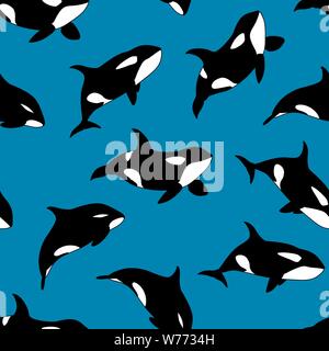 Vector seamless pattern of hand drawn killer whale swimming on blue background Stock Vector