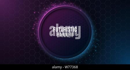 Futuristic round banner with honeycomb pattern. High tech design. Blue and purple glowing neon honeycombs. Abstract flying dust. Vector illustration. Stock Vector