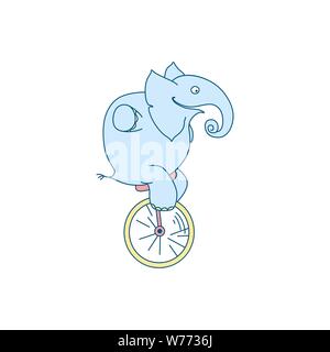 Vector illustration of cute cartoon elephant clown on unicycle. Cheerful character Stock Vector