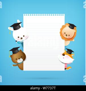 Animal cartoon Lion rabbit fox and brown bear are smiling with happiness against blank paper for copy space on blue background for preschool and prima Stock Vector