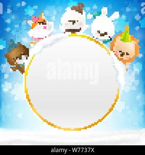 Blank circle frame with copy space and cartoon animal winter snow flake falling into snow floor  and lighting over blue abstract background for winter Stock Vector