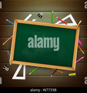 Blank blackboard over wooden board with stationaty pen pencil eraser ruler on the white background vector illustration eps10 Stock Vector