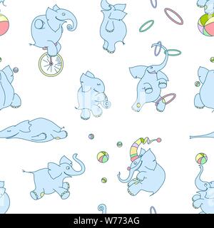 Vector seamless pattern of cute cartoon elephants. Circus elephants clowns with balls, hoops, unicycles on white background Stock Vector