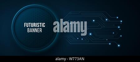 High tech banner with computer circuit. Modern tech design. Blue glowing neon honeycombs. Abstract glowing lights. Vector illustration. EPS 10 Stock Vector